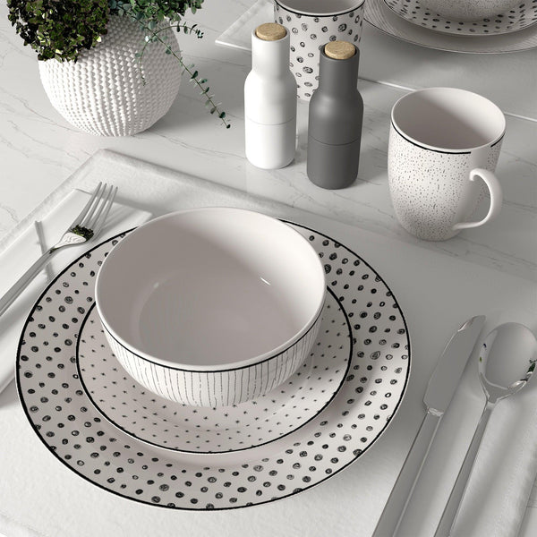 Dinnerware Set 12 Piece Black and White, Service for 4