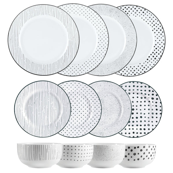 Dinnerware Set 12 Piece Black and White, Service for 4