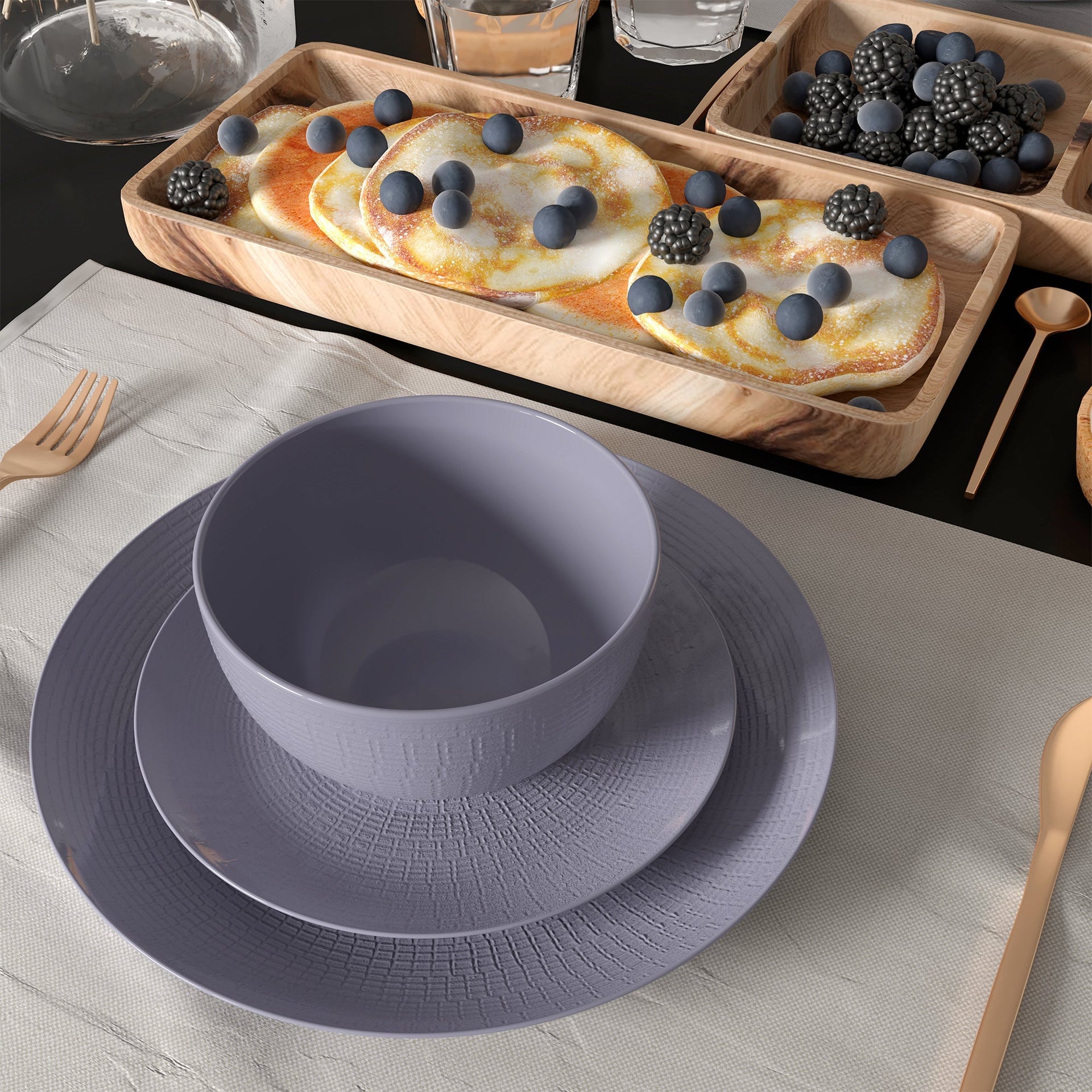 Dinnerware Set 12 Piece Embossed Grey, Service for 4