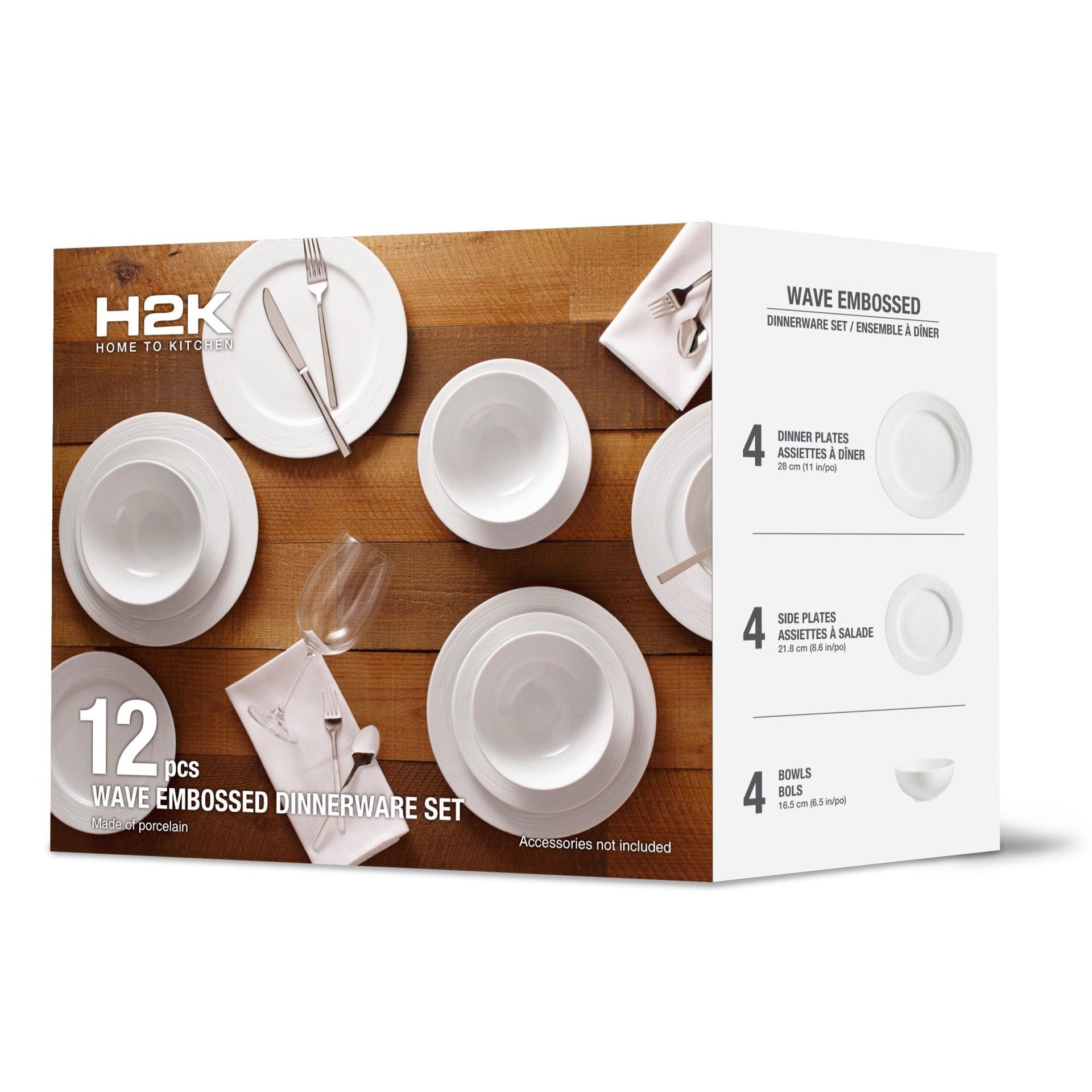 Dinnerware Set 12 Piece Round Rim Embossed Wave, Service for 4