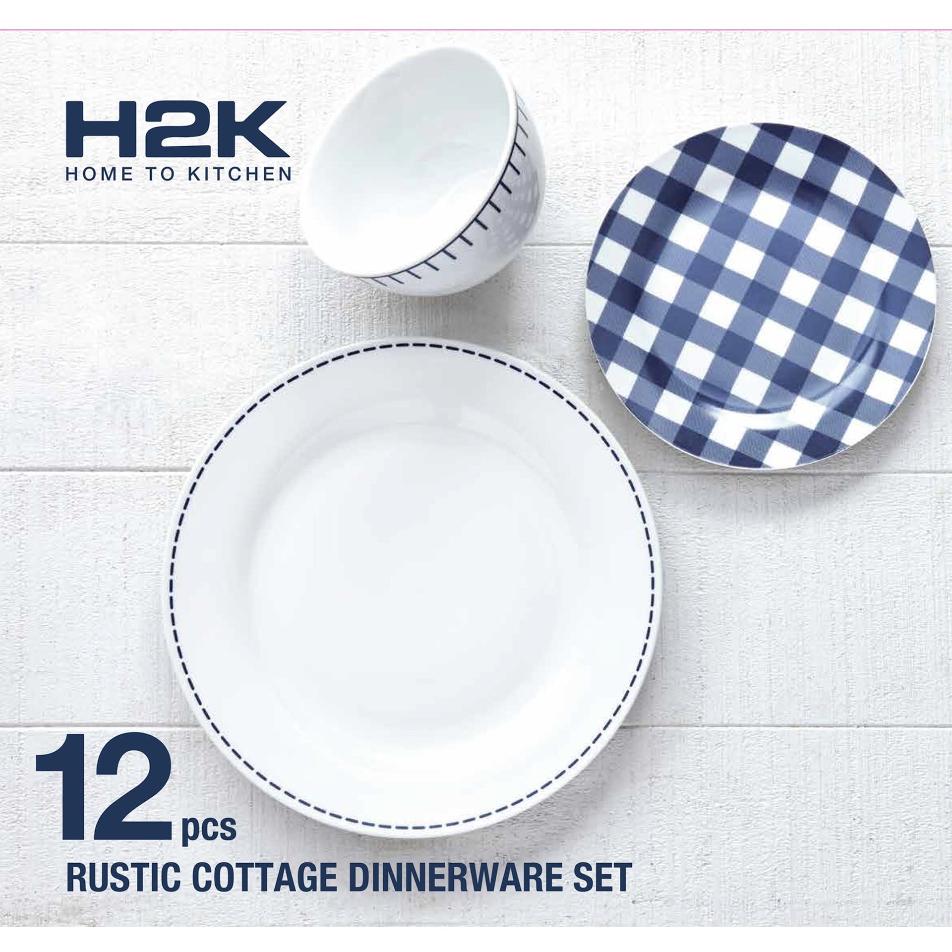 Dinnerware Set 12 Piece Rustic Cottage Navy/White, Service for 4
