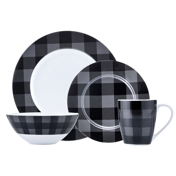 Dinnerware Set 16 Piece Buffalo Plaid Grey/Black, Service for 4
