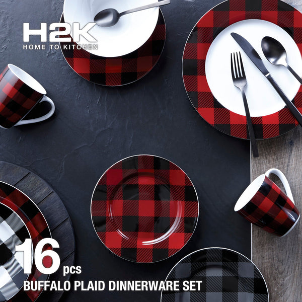 Dinnerware Set 16 Piece Buffalo Plaid Grey/Black, Service for 4