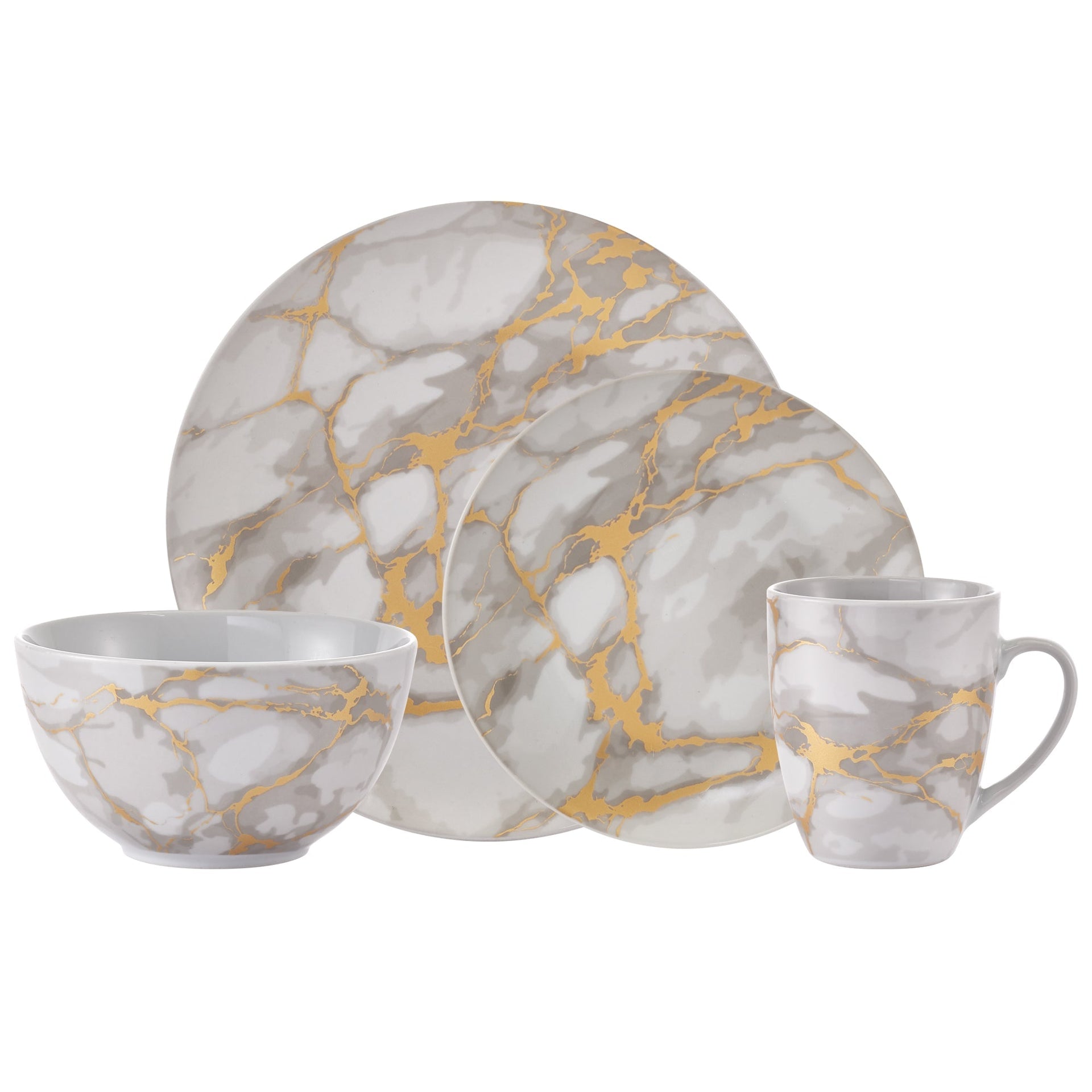 Dinnerware Set 16 Piece Coupe Porcelain Gold Marble Look, Service for 4