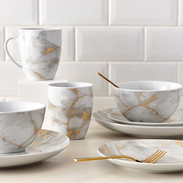 Dinnerware Set 16 Piece Coupe Porcelain Gold Marble Look, Service for 4