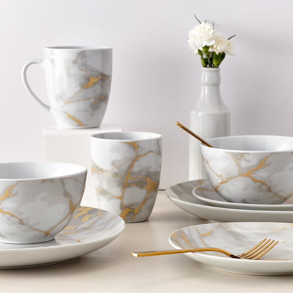 Dinnerware Set 16 Piece Coupe Porcelain Gold Marble Look, Service for 4