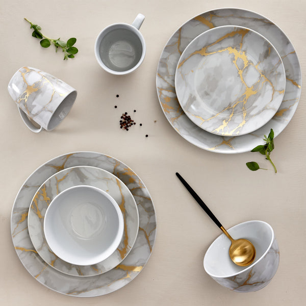 Dinnerware Set 16 Piece Coupe Porcelain Gold Marble Look, Service for 4