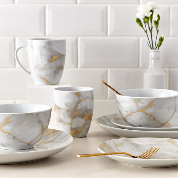 Dinnerware Set 16 Piece Coupe Porcelain Gold Marble Look, Service for 4