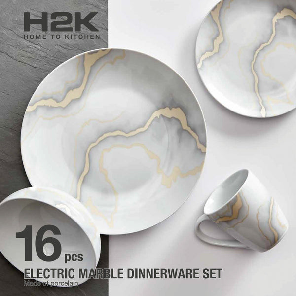 Dinnerware Set 16 Piece Electric Gold Marble, Service for 4