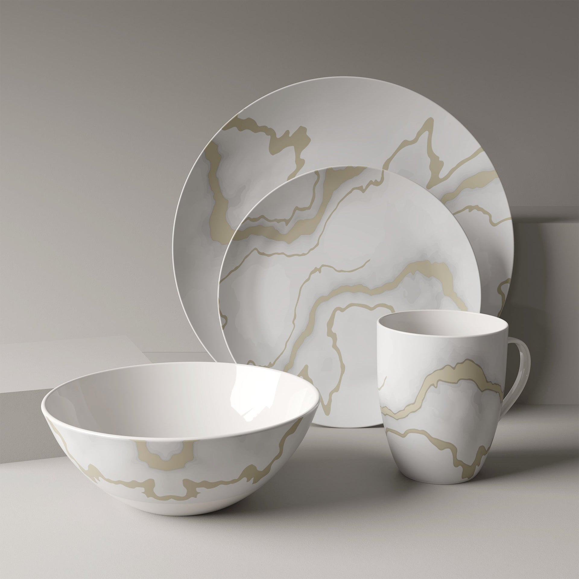 Dinnerware Set 16 Piece Electric Gold Marble, Service for 4