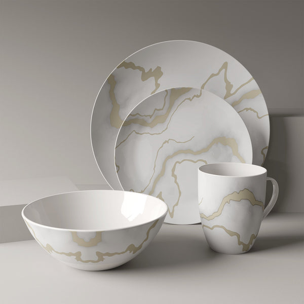 Dinnerware Set 16 Piece Electric Gold Marble, Service for 4