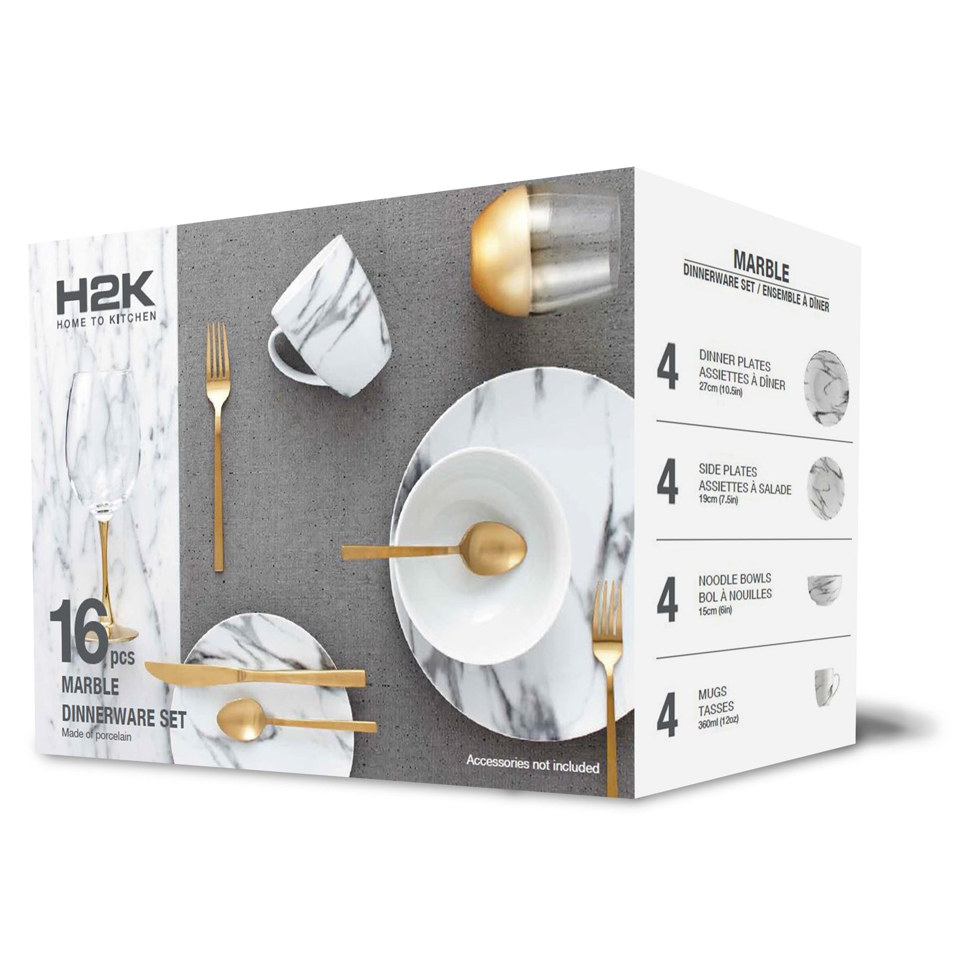 Dinnerware Set 16 Piece Porcelain Coupe Marble, Service for 4