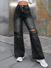 Distressed Wide Leg Jeans with Pockets - Dark Gray / S