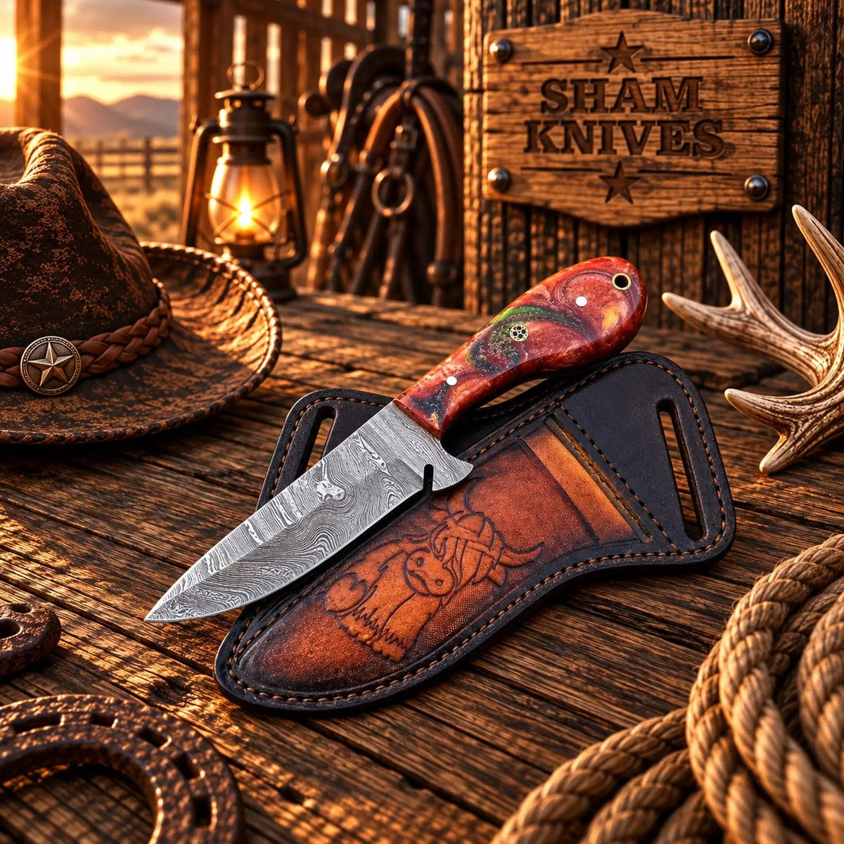 The Doc Holliday Damascus Ranch Working Knife – Resin Handle & Sheath