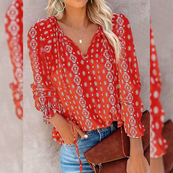 Dokotoo Women's Casual Boho Floral Printed V-Neck Top