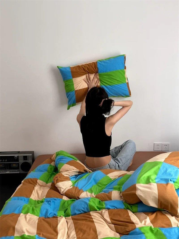 Dopamine Rainbow Checker Duvet Cover Set With Pillowcases & Fitted Sheet