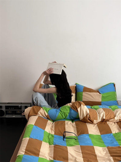 Dopamine Rainbow Checker Duvet Cover Set With Pillowcases & Fitted Sheet