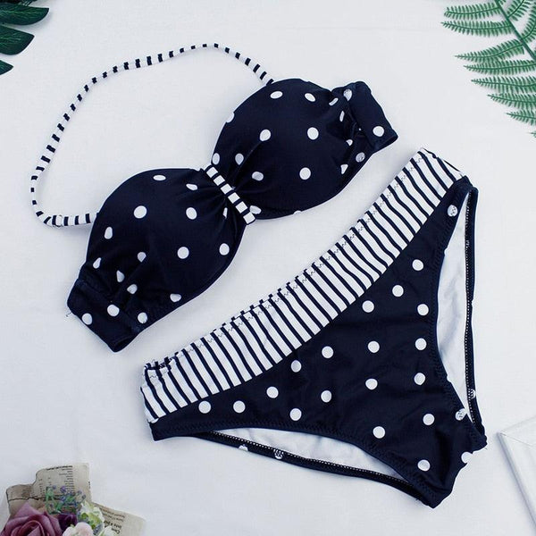 Dot  Bikini Push Up 2 piece Swimsuit Women Padded Push Up Bikini Set Halter Two Piece Cross Top Swimsuit Patchwork Bathing Suit Women Swimwear Bodysuit Beachwear Halter Print Bikinis Bathing Suit Women