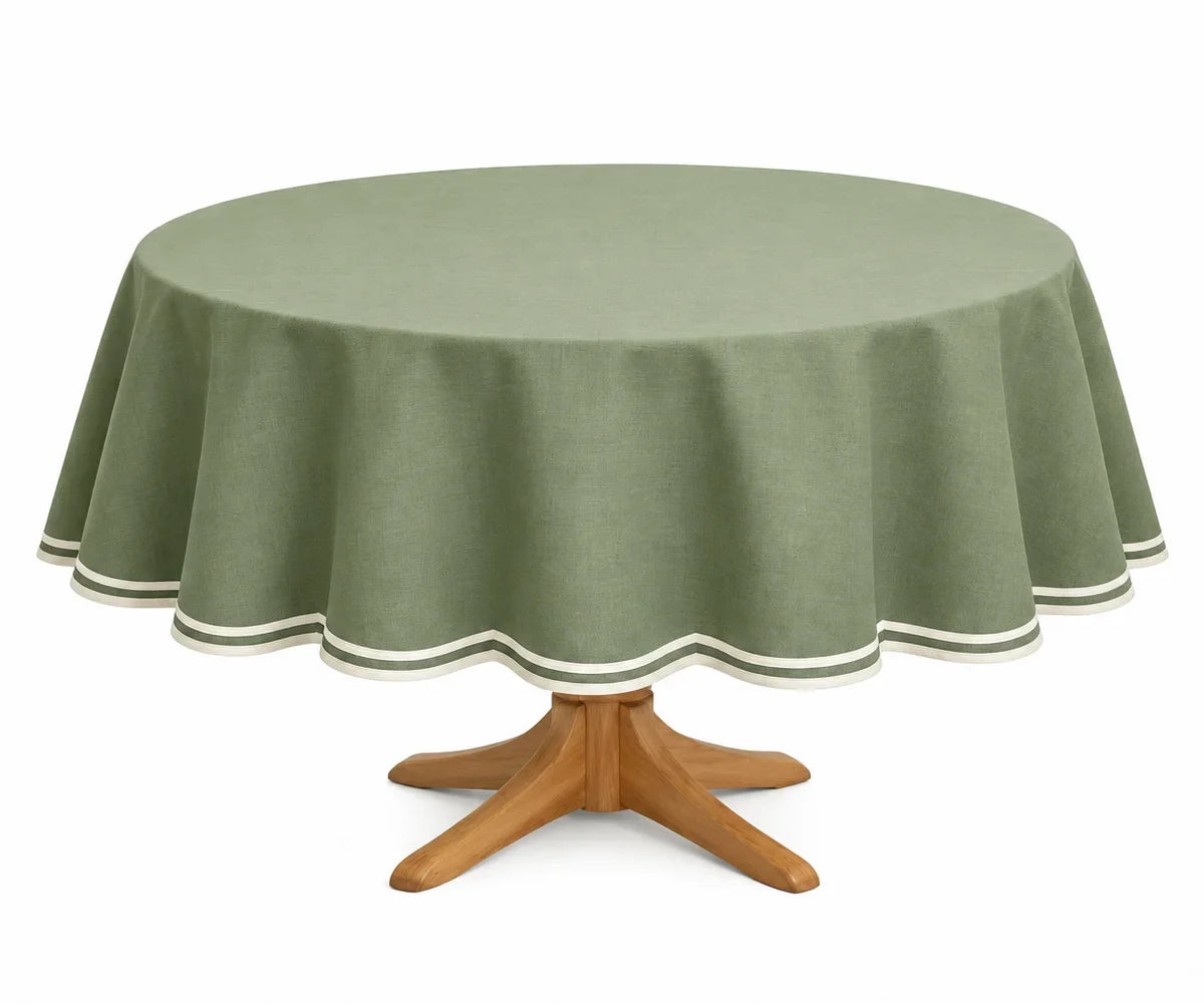 Round Cotton Tablecloth - White Scalloped