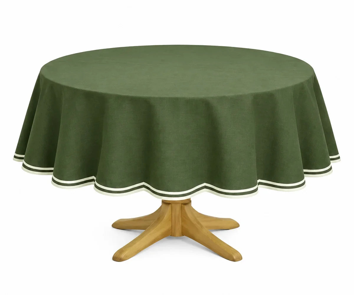 Round Cotton Tablecloth - White Scalloped