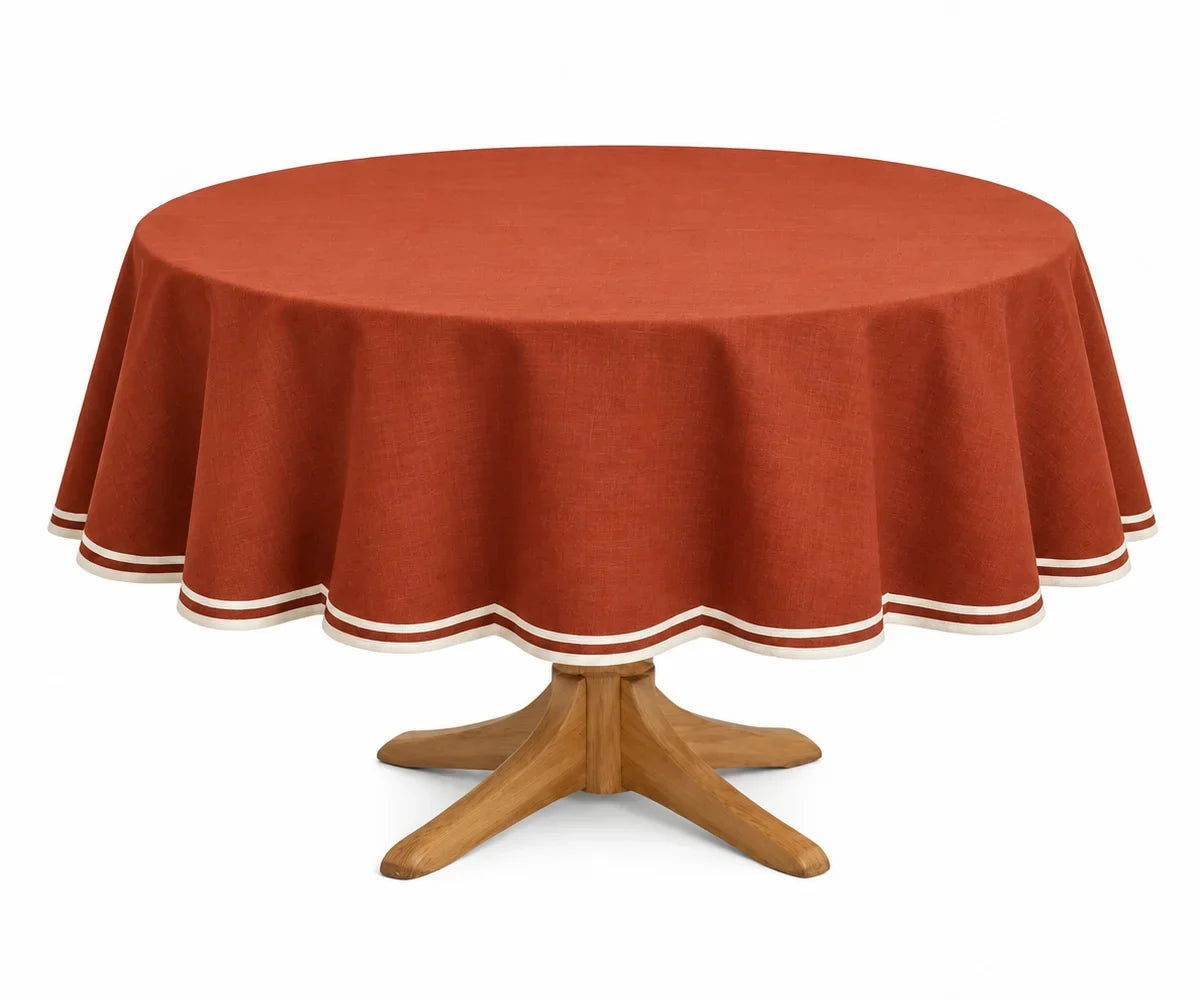 Round Cotton Tablecloth - White Scalloped