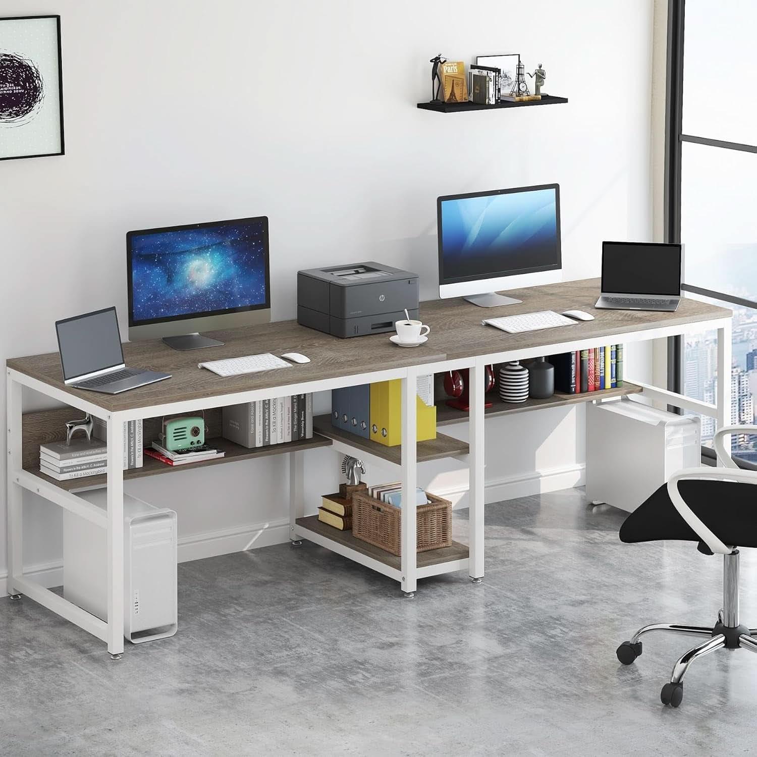 Double Workstation Desk For Two Person With Shelf