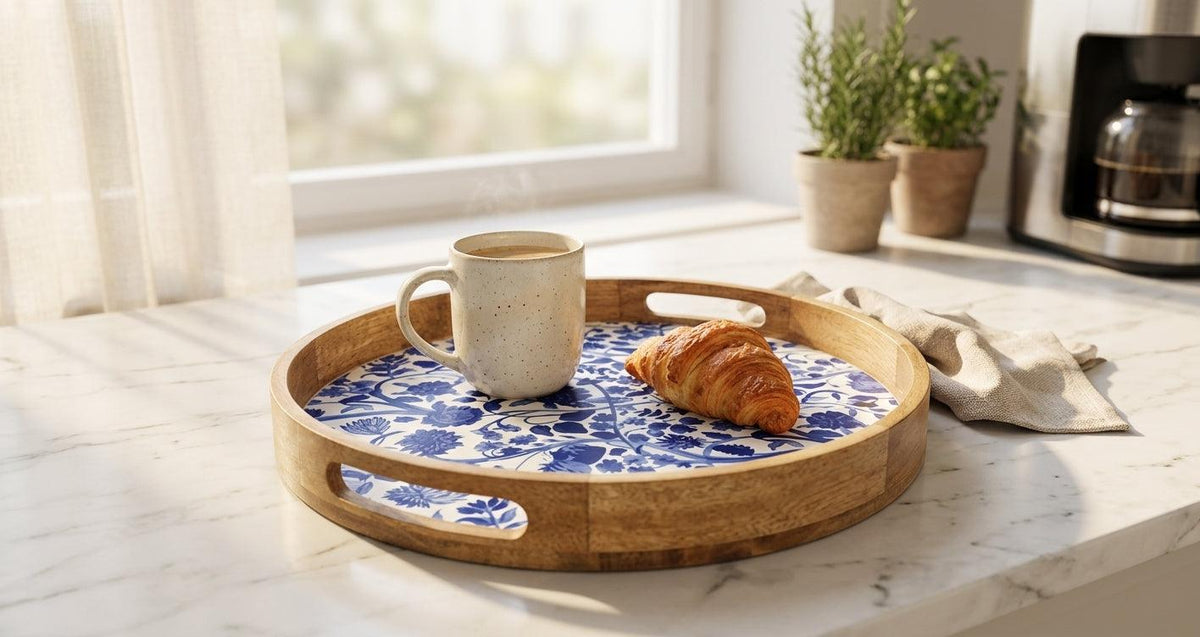 House of Avana Round Blue Mango Wood Serving Tray