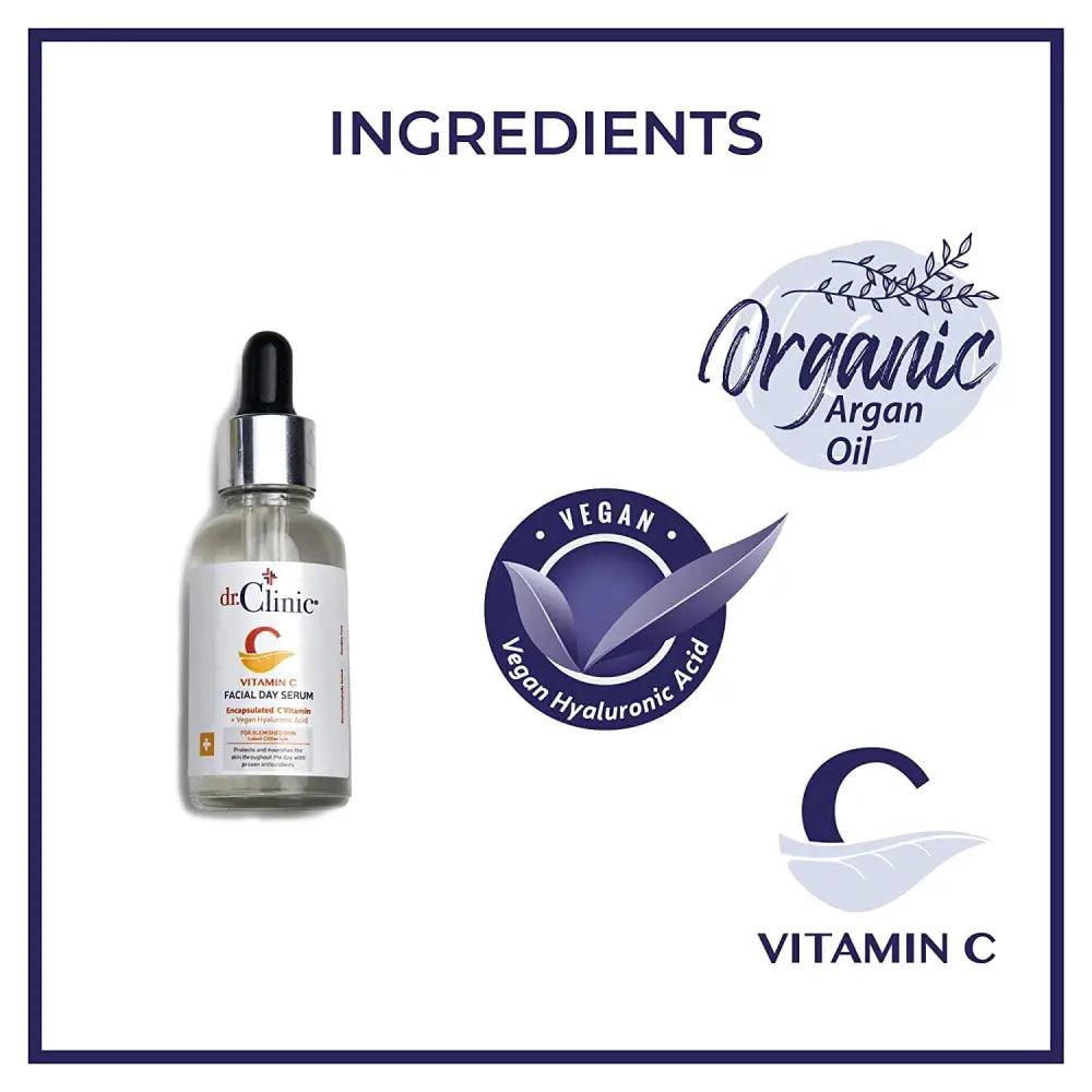 Dr.Clinic Vitamin C Facial Day Serum | Anti Aging, Fine Lines, Eye Wrinkle Skin Repair with Hyaluronic Acid | Moisturizer and Pore Cleanser | Protects from Acne Scars, Sun Damage, 1.01 fl.Oz.