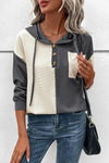 Drawstring Quarter Button Contrast Long Sleeve Hoodie - Dark Gray / M