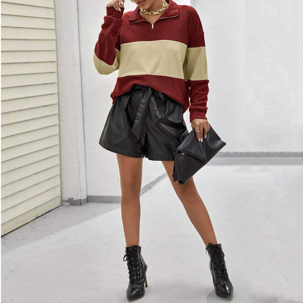 Drop Shoulder Two Tone Textured Half Placket Pullover