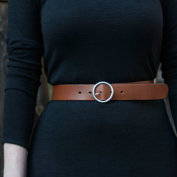 Sempre - Black Vachetta Leather Waist Belt with Circular Buckle