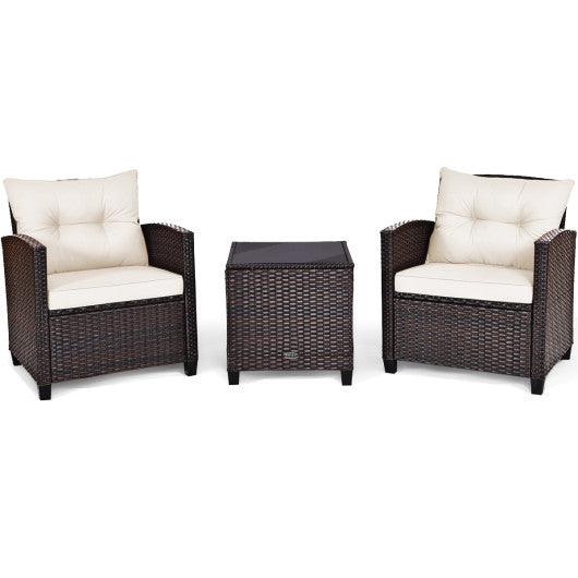3 Pieces Patio Rattan Furniture Set Cushioned Conversation Set Coffee Table-White
