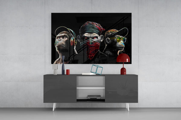 3 Wise Monkeys - Neon Lines Glass Wall Art  || Designer Collection