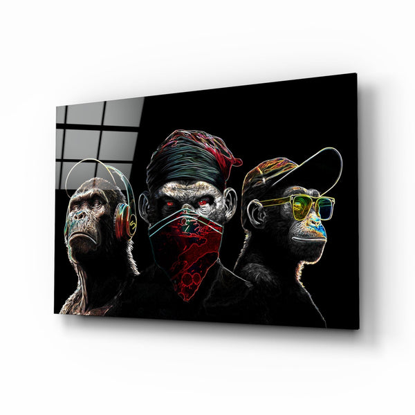 3 Wise Monkeys - Neon Lines Glass Wall Art  || Designer Collection