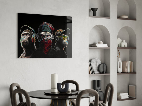 3 Wise Monkeys - Neon Lines Glass Wall Art  || Designer Collection