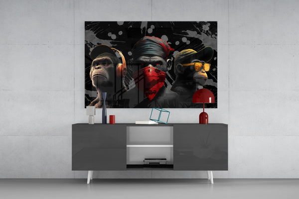 3 Wise Monkeys Glass Wall Art  || Designer Collection