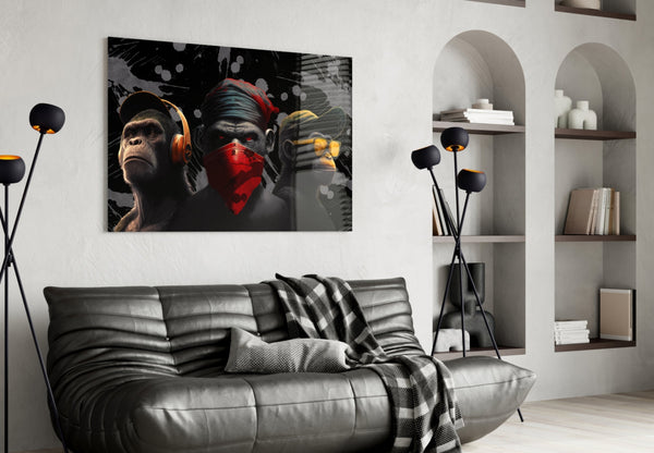 3 Wise Monkeys Glass Wall Art  || Designer Collection