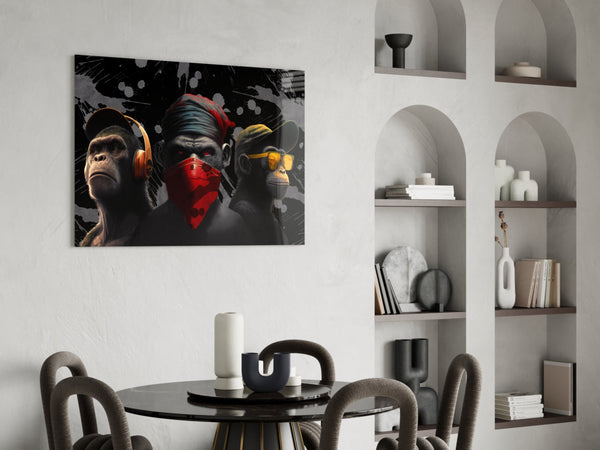3 Wise Monkeys Glass Wall Art  || Designer Collection