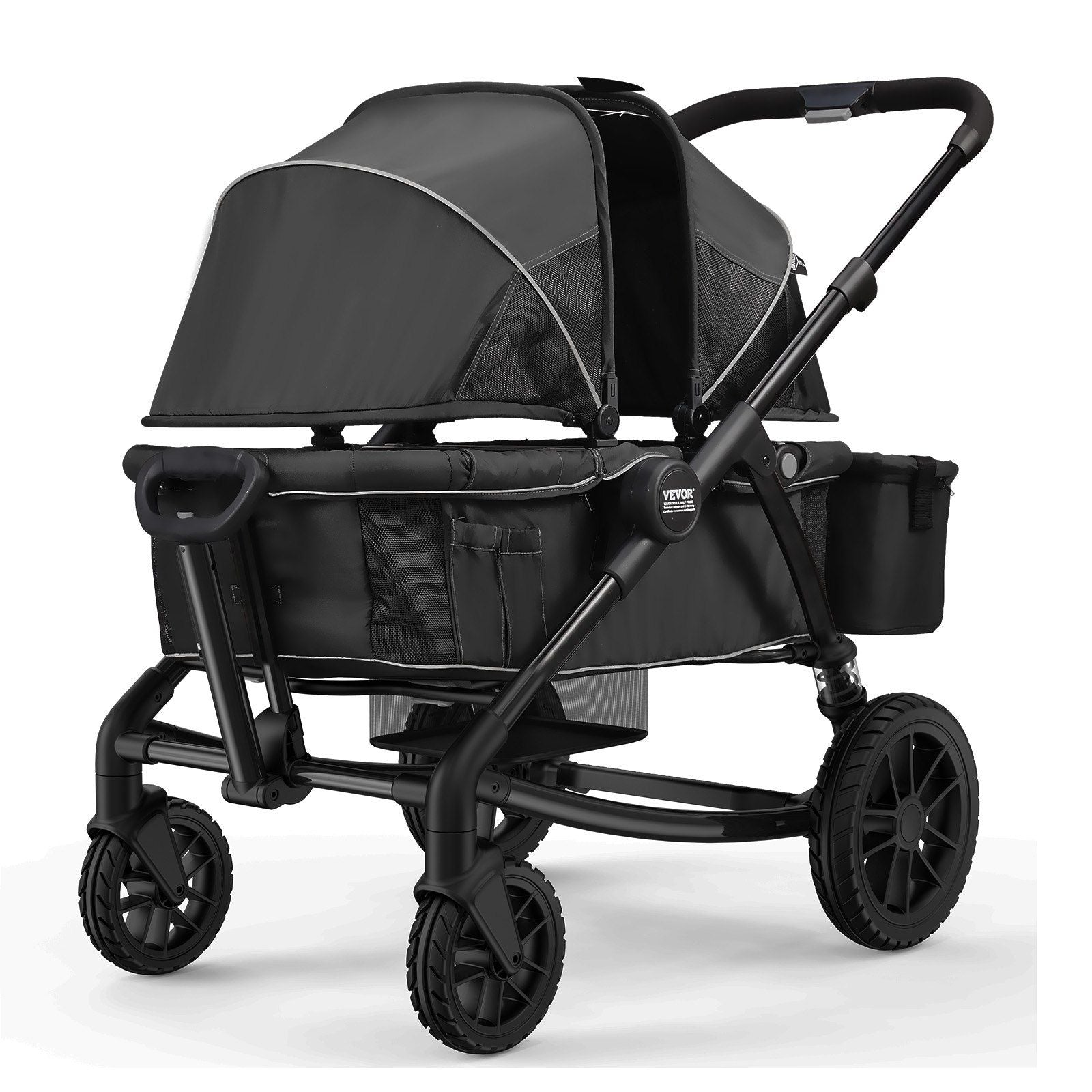 All-Terrain Stroller Wagon, 2 Seats Foldable Expedition 2-in-1 Collapsible Wagon Stroller, Includes Canopy, Parent Organizer, Snack Tray & Cup Holders, 55lbs for Single Seat, Black