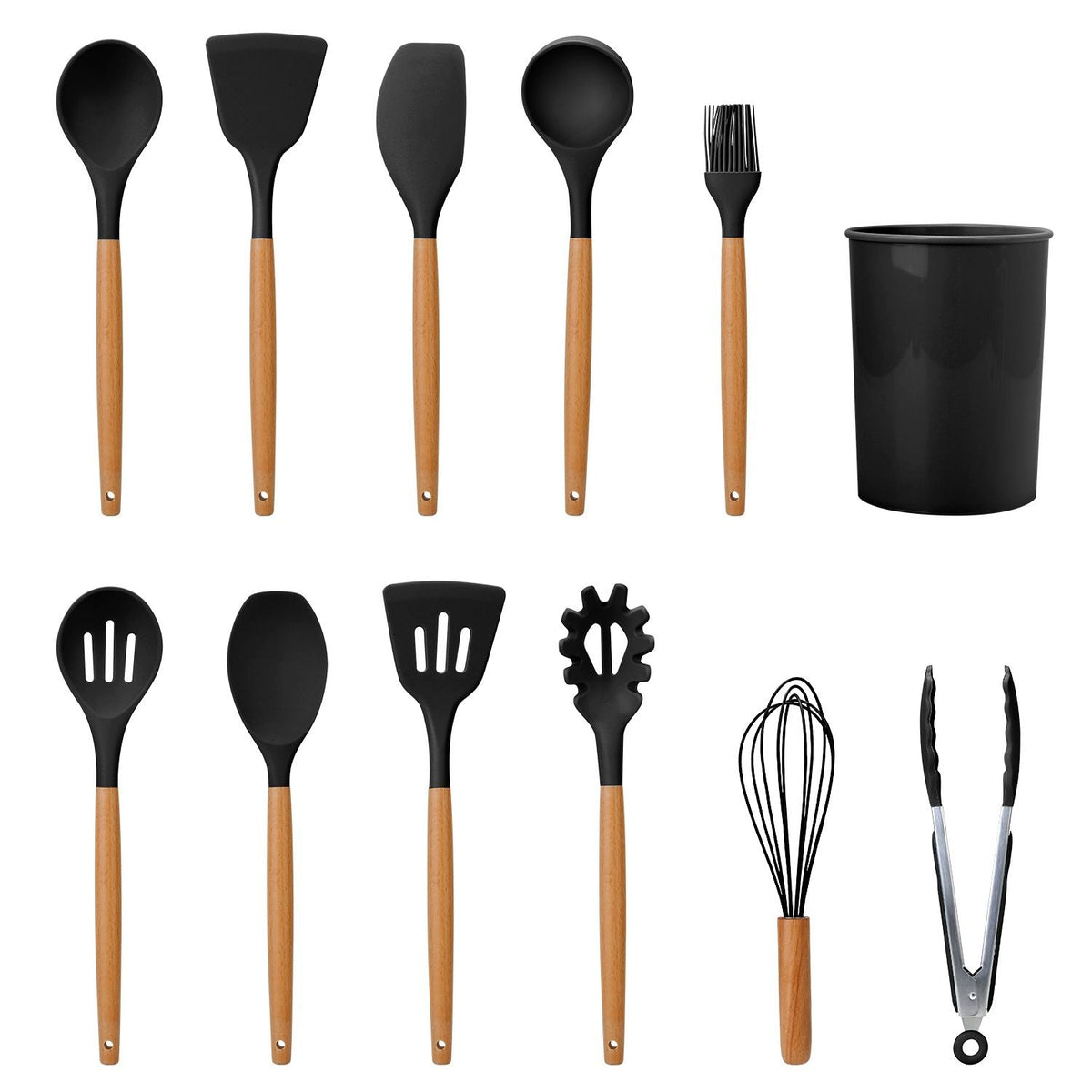 11-Piece Premium Silicone Cooking Utensil Set with Heat-Resistant Wooden Handles for Versatile Kitchen Use