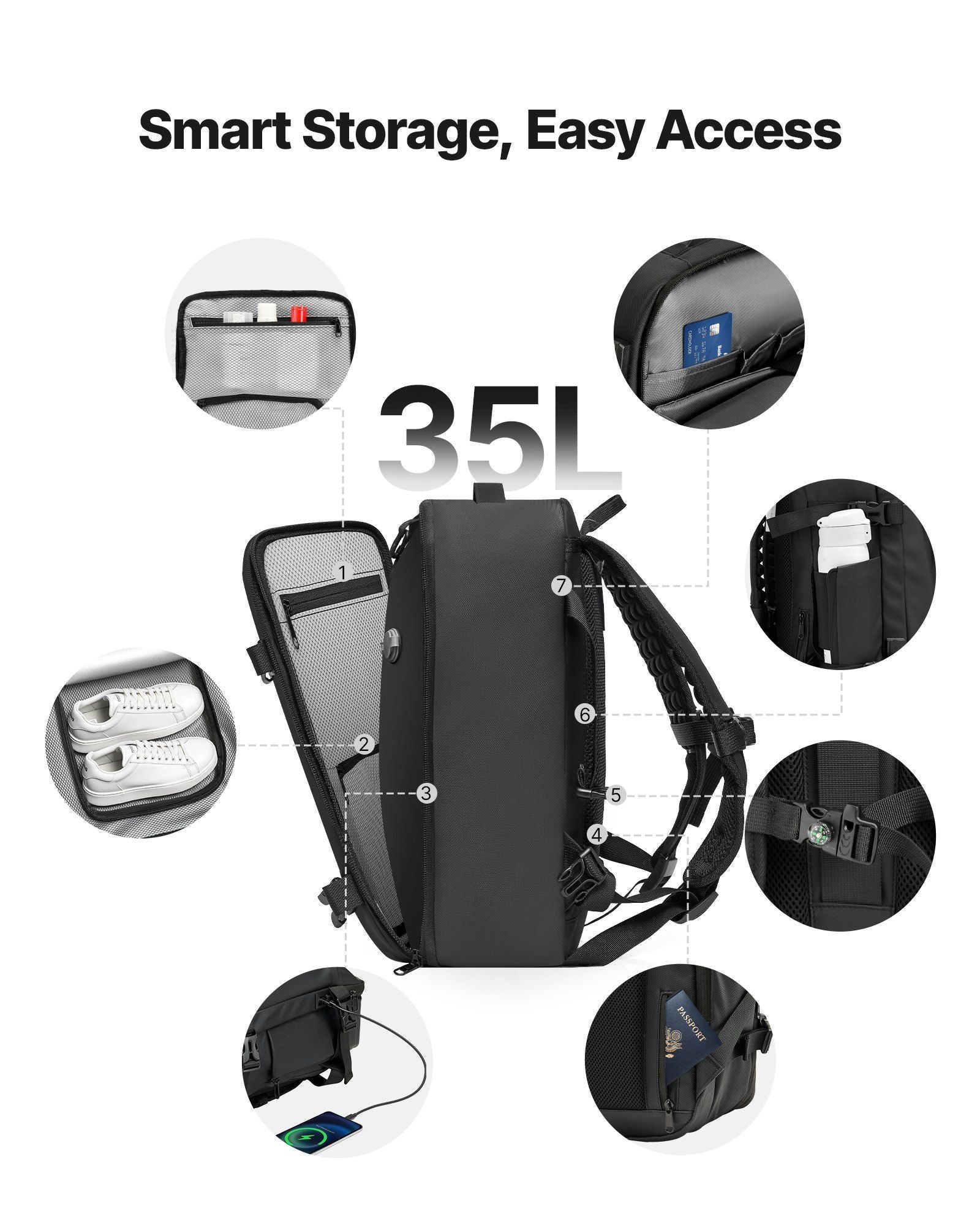 VEVOR Vacuum Travel Backpack, 35L, Vacuum Seal Compression Travel Backpack with Air Pump, Multiple Pockets & Compartments, Water-Resistant Carry-On Suitcase Luggage, Casual Personal Item Bag, Black