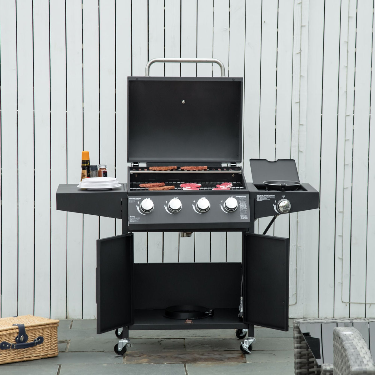 52 Barbecue Grill with Wheels 4+1 Burner Propane Gas Outdoor BBQ Trolley Black