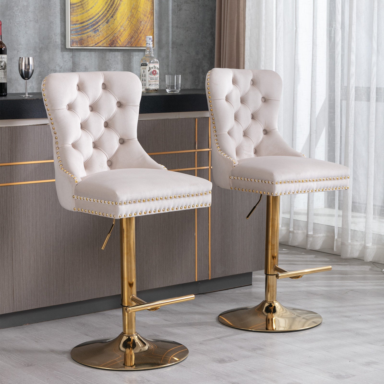 Set of 2 Thick Golden Swivel Velvet Barstools BLAKHOM