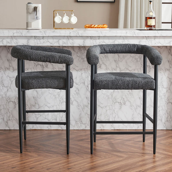 Modern Upholstered Bar Stools Set of 2, Boucle Fabric Counter Height Chairs BLAKHOM