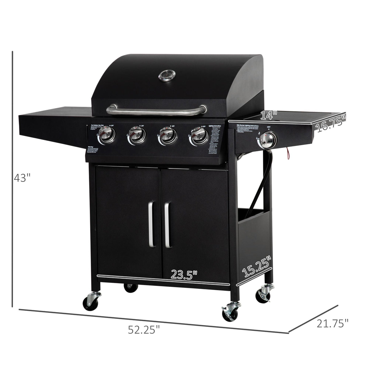 52 Barbecue Grill with Wheels 4+1 Burner Propane Gas Outdoor BBQ Trolley Black