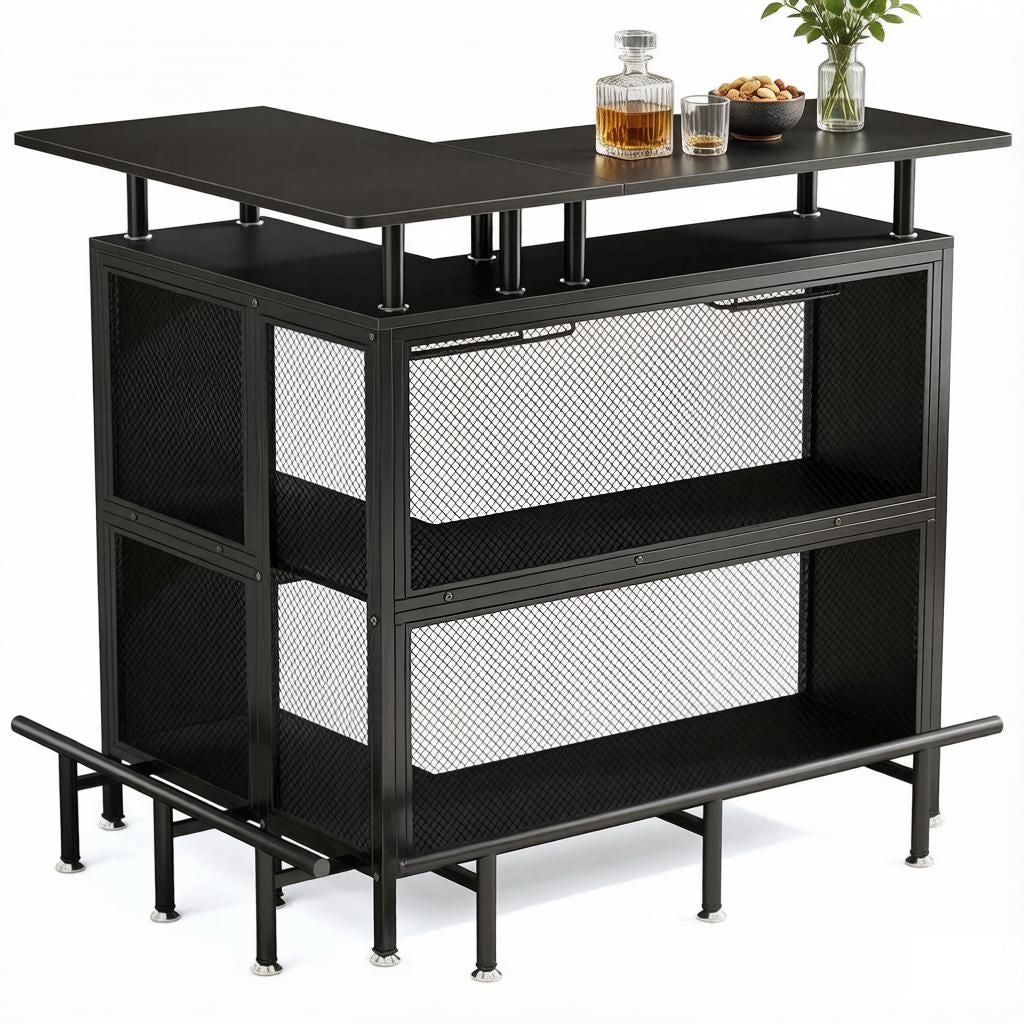 L-Shaped Home Bar Unit Liquor Bar Table with Glasses Holders And Shelves for Kitchen Dining Room Bar Counter