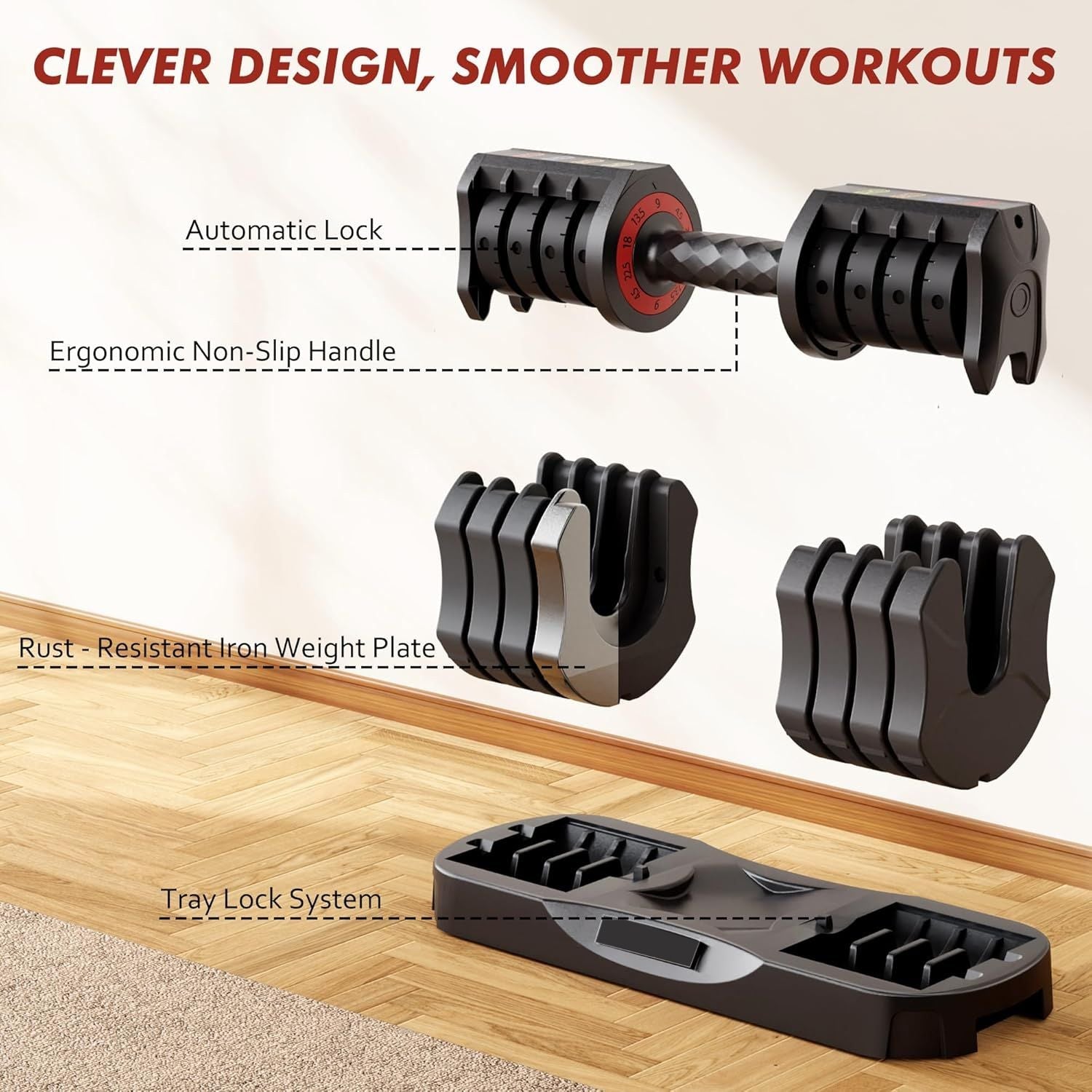 Adjustable Dumbbell Set of 22.5LB Set-1Sec Adjustable Dumbbell Weights-5 in 1 Free Weights Dumbbells Set with Effortless Tray/No-Slip Handle-Compact Size for Women/Men at Home Gym Berry Charmz