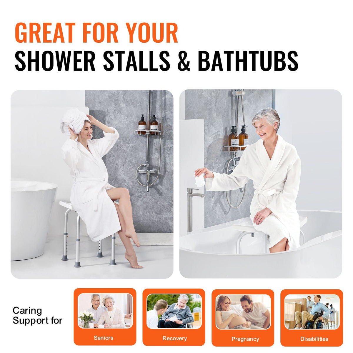 Shower Chair Adjustable Height Non-Slip Stool w/ Handles 350 lbs