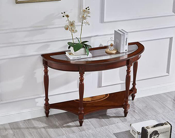 Half Moon Glass Top Oka Wood Console Table