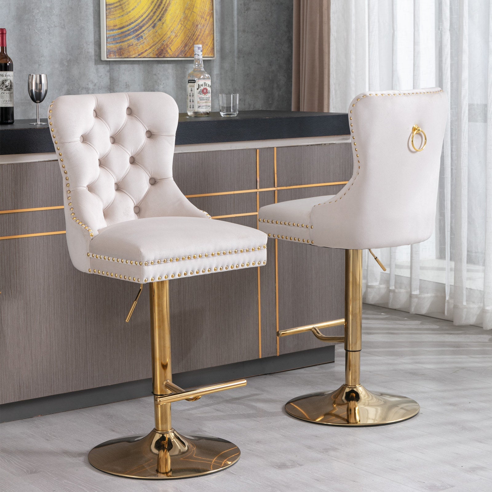 Set of 2 Thick Golden Swivel Velvet Barstools BLAKHOM